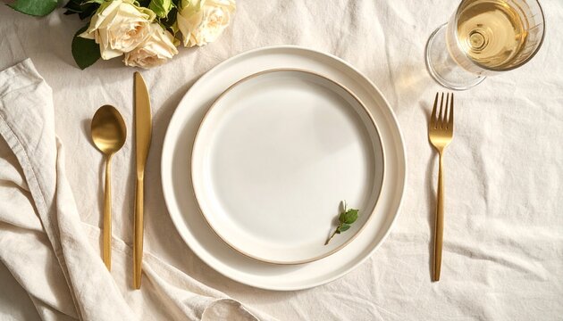 Elegant Minimalist Table Setting with Matte Gold Cutlery and Fresh White Roses on a Textured Neutral Linen Fabric Surface for Sophisticated Dining