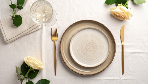 Elegant dining table place setting with ceramic plates golden cutlery and soft cream roses on a white linen tablecloth for romantic dinner