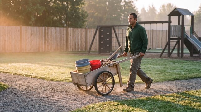 Erzieher schiebt Bollerwagen &uuml;ber Spielplatz in Untersicht