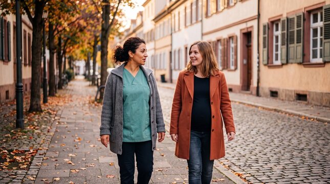 Hebamme ber&auml;t schwangere Frau beim Gehen in der Altstadt