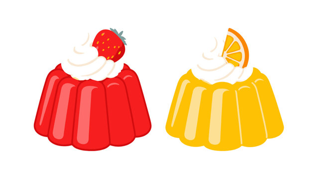 Red and orange jelly desserts with whipped cream topping