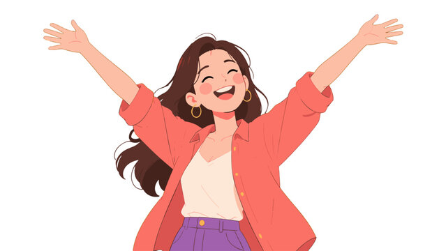 Smiling young woman with raised arms in flat vector style