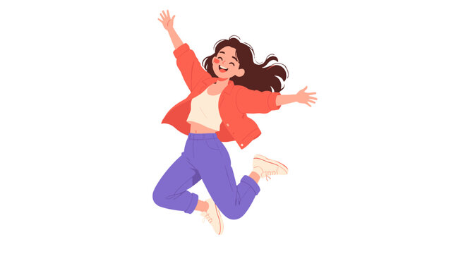 Happy young woman jumping with arms raised cartoon vector