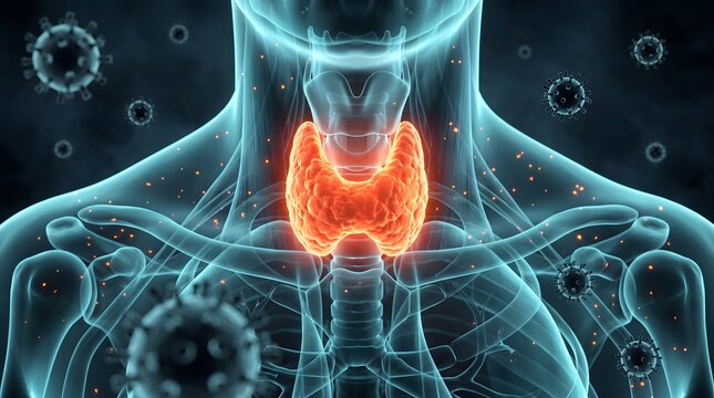 3D medical illustration of human thyroid gland highlighted in orange on transparent anatomical body, endocrine system concept
