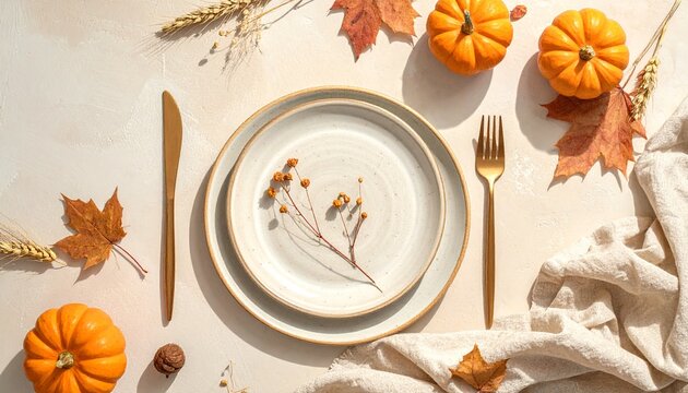Elegant Autumnal Table Setting Featuring Seasonal Mini Pumpkins and Golden Cutlery on a Textured Cream Backdrop for Thanksgiving Holiday Dining