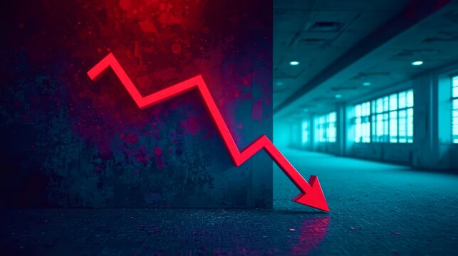 Red arrow plunges downward, symbolizing decline