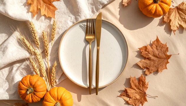 Elegant Autumnal Table Setting Featuring a Ceramic Plate with Gold Cutlery Surrounded by Miniature Pumpkins and Dried Leaves for Seasonal Dining Decor