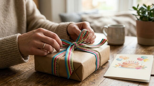 A Tender Moment of Preparing a Thoughtful Birthday Gift with Colorful Ribbon on a Rustic Wooden Table