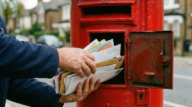 A person placing a collection of letters into a classic vibrant red British postbox