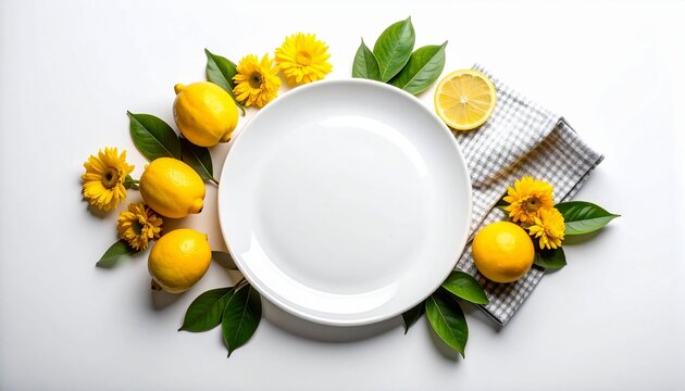 Empty white dinner plate framed by fresh yellow lemons and bright spring flowers on a clean white background top view flat lay culinary concept