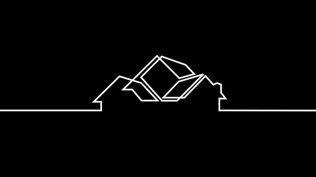 Continuous One Line and Dashed Line 3D Cube Real Estate House Skyline Logo Drawing Animation Isolated on White, Black, Green Screen Chroma Key, and Yellow Backgrounds