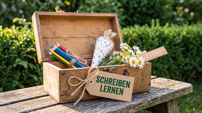 Schreiben lernen Schulkiste mit Buntstiften zur Einschulung