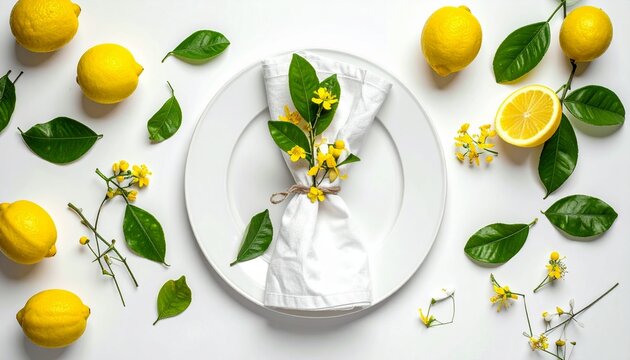 Elegant Flat Lay Photography of a White Dinner Plate Adorned with Fresh Yellow Lemons and Fragrant Citrus Blossoms for a Spring Themed Dining Table Setting