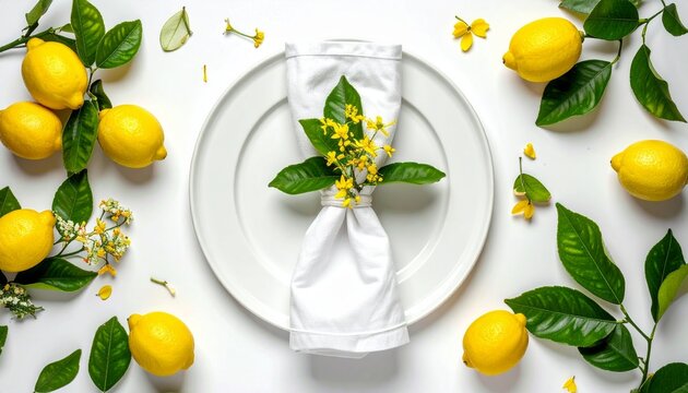 White dinner plate with linen napkin and fresh lemons top view flat lay for spring summer home dining table setting culinary background