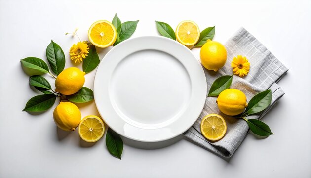 Empty white ceramic dinner plate surrounded by fresh yellow lemons and green leaves on a linen napkin for a summer culinary table setting mockup