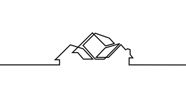 Continuous One Line and Dashed Line 3D Cube Real Estate House Skyline Logo Drawing Animation Isolated on White, Black, Green Screen Chroma Key, and Yellow Backgrounds