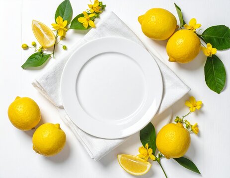 White Empty Dinner Plate Surrounded by Fresh Yellow Lemons and Vibrant Blossoms on a Rustic Wooden Table Surface for Culinary Food Presentation