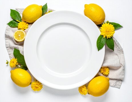 Top view flat lay of a minimalist white ceramic dinner plate arranged on a rustic linen cloth surrounded by fresh yellow lemons and vibrant marigold flowers