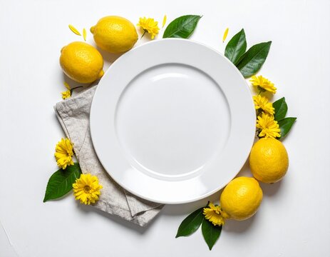 Empty White Ceramic Plate Placed Centrally On A Textured Linen Napkin Surrounded By Fresh Yellow Lemons And Vibrant Spring Flowers On A Clean White Background