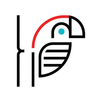 Minimalist geometric parrot bird line art logo on white.