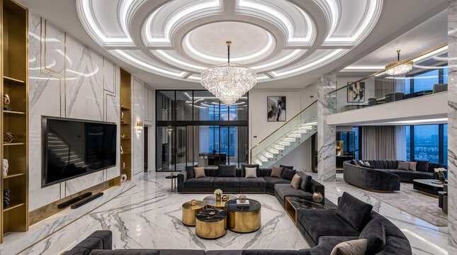 Luxurious living room area with marble flooring and grand chandelier inside a spacious residence featuring velvet sofas golden accents and staircase leading to upper floor in a high end manor