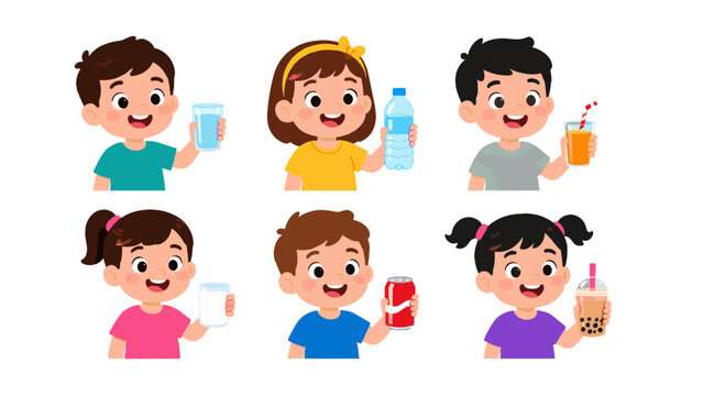 Happy children holding different drinks cartoon vector set