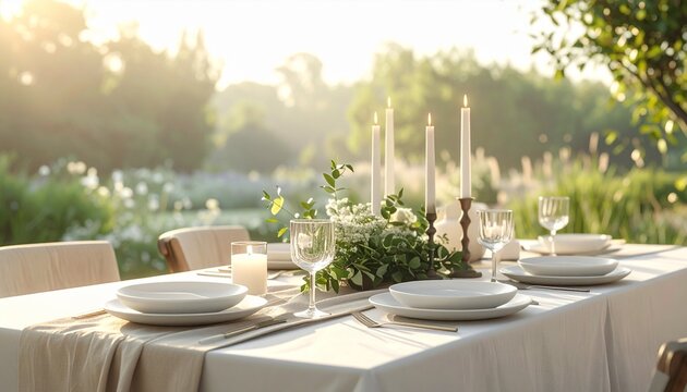Elegant outdoor dining table setting featuring white dinnerware and lit candles for a serene garden atmosphere during a soft sunset light