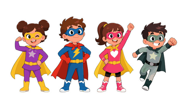 Four children in superhero costumes isolated on white