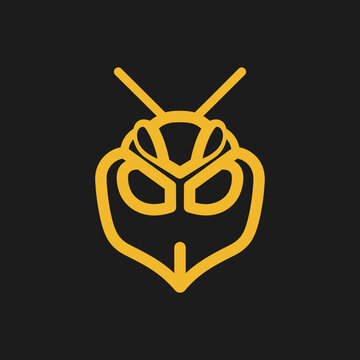 Minimalist yellow insect head logo on dark background.