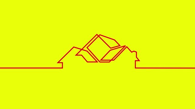 Continuous One Line and Dashed Line 3D Cube Real Estate House Skyline Logo Drawing Animation Isolated on White, Black, Green Screen Chroma Key, and Yellow Backgrounds