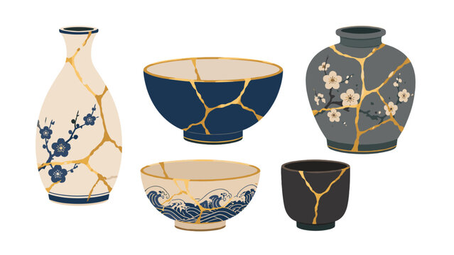 Kintsugi ceramic vases and bowls with gold repair patterns