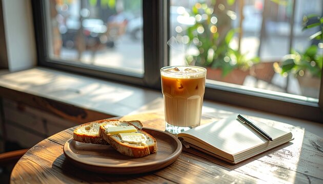 A Peaceful Morning Coffee Break Featuring A Glass Of Iced Latte Served With Freshly Toasted Buttered Bread And An Open Notebook On A Sunny Table