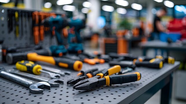 A collection of hand tools including pliers and wrenches arranged on a metal workbench in an organized workshop setting