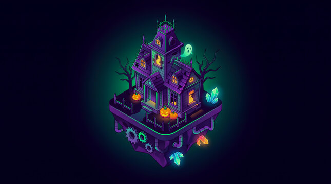 Isometric Neon Haunted House on Floating Island Halloween Illustration