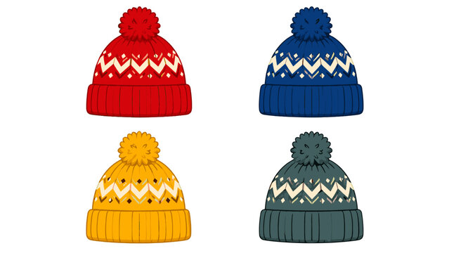 Set of knitted pom pom beanie hats in four colors