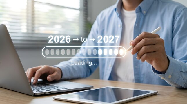 Business transition from 2026 to 2027 with digital progress loading bar, annual planning, strategic roadmap, enterprise transformation, productivity growth and goal tracking