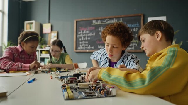 Multiethnic elementary school children assembling electronic robotics kits in classroom. Footage is ideal for STEM education marketing and modern school curriculum promotions