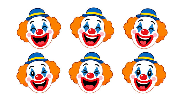 Set of six laughing clown face cartoon expressions