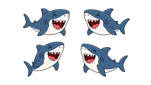 Set of laughing cartoon shark characters in blue and white