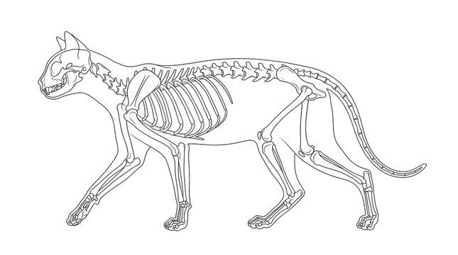 Detailed anatomical illustration of a cat skeleton in side view