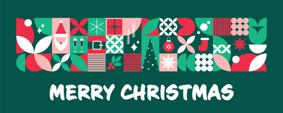 Geometric Christmas Banner with Abstract Mosaic Holiday Icons Vector Illustration