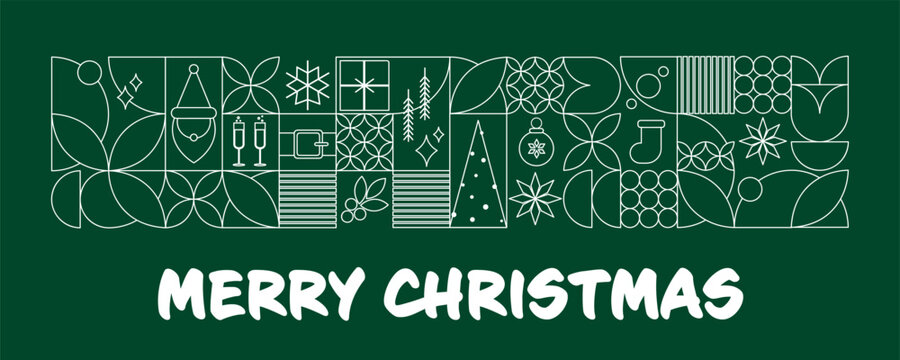 Minimal Christmas Line Art Greeting Banner with Festive Geometric Icons Vector Illustration