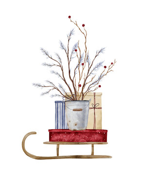 Rustic metal bucket filled with branches and red berries resting on sled with holiday gifts. Hand drawn watercolor illustration with festive, winter holiday. Composition for Christmas design