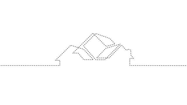 Continuous One Line and Dashed Line 3D Cube Real Estate House Skyline Logo Drawing Animation Isolated on White, Black, Green Screen Chroma Key, and Yellow Backgrounds