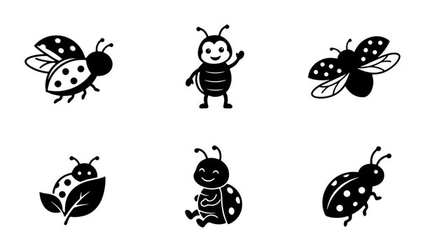 Charming Ladybug Icons Set, Cute Insect Illustrations, Black and White Vector Graphics for Nature and Children's Designs
