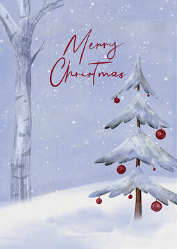 Snowy Christmas greeting card with winter forest scene with red baubles or ball. Template card with handwritten Merry Christmas on background pale blue background with snow falling
