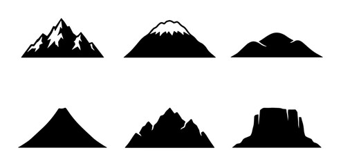 Diverse Mountain Silhouettes Collection, Six Iconic Peak Icons, Vector Graphics for Nature and Adventure Themes © Farzana