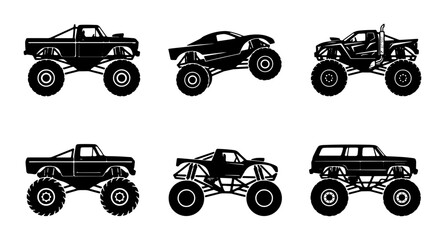 Monster Truck Collection, Off-Road Vehicle Icons, Extreme Sports Transportation Set, Rugged 4x4 Vector Graphics © Farzana