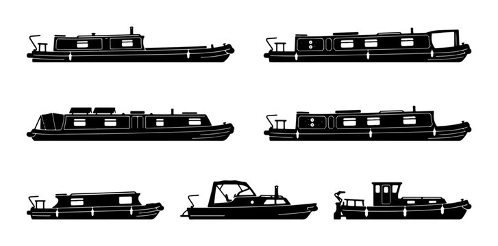 Diverse Narrowboat and Canal Boat Silhouettes, Set of 7 Black Vector Illustrations for Waterway Transport and Leisure