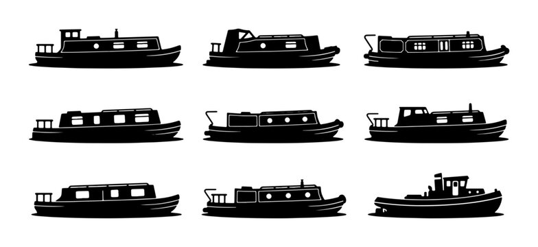 Narrowboat Collection, Canal Boat Silhouettes, River Barge Icons, Water Transport Vector Set, Nautical Vessel Graphics